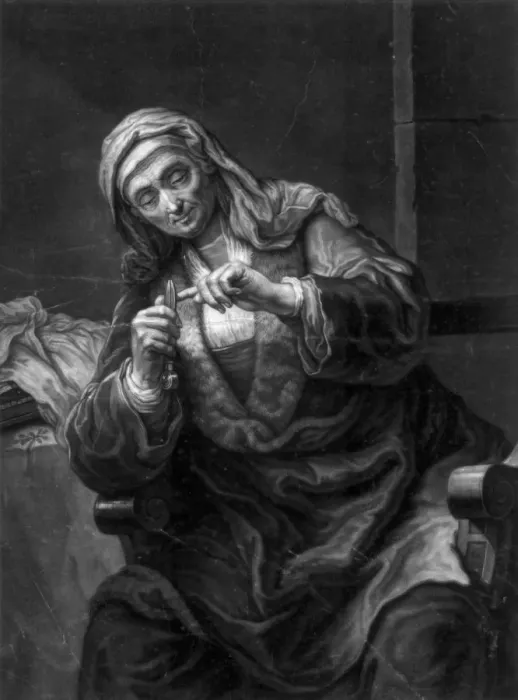 Framed Print : Old Woman Cutting Her Nails, 18th or 19th century. Artist: J Haid Framed Print : Old Woman Cutting Her Nails, 18th or 19th century. Artist: J Haid