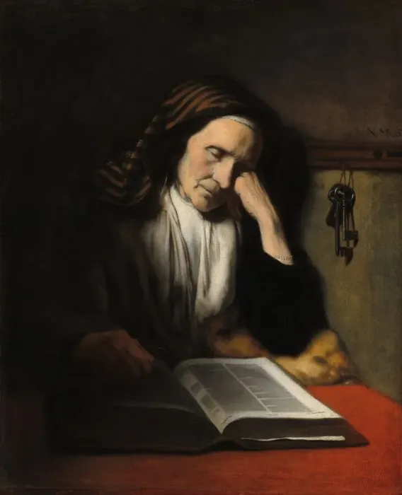 Framed Print : An Old Woman Dozing over a Book, c. 1655. Creator: Nicolaes Maes