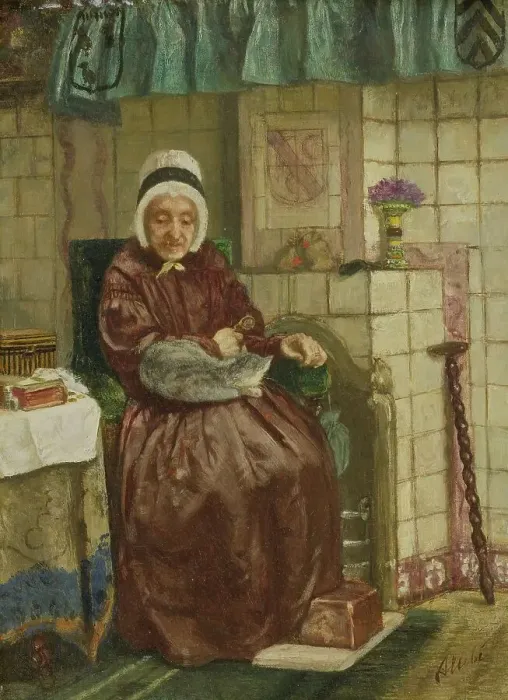 Framed Print : Old Woman by the Fireplace, c.1850-c.1875. Creator: August Allebe Framed Print : Old Woman by the Fireplace, c.1850-c.1875. Creator: August Allebe