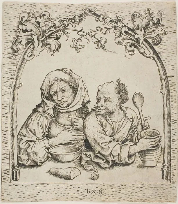 Framed Print : The Old Woman and The Fool in a Window, c. 1480. Creator: Monogrammist b. g Framed Print : The Old Woman and The Fool in a Window, c. 1480. Creator: Monogrammist b. g