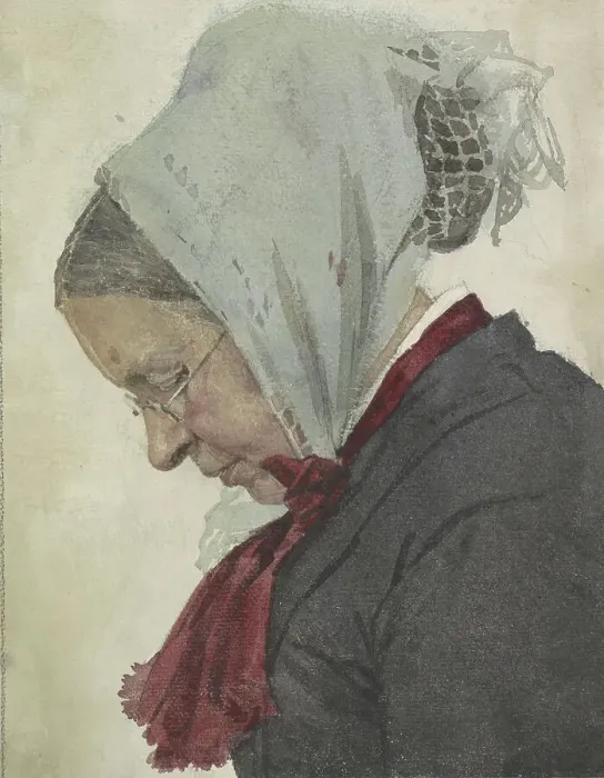 Framed Print : Old woman with headscarf and red scarf, 1874-1925. Creator: Jan Veth Framed Print : Old woman with headscarf and red scarf, 1874-1925. Creator: Jan Veth