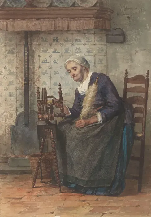 Framed Print : Old woman in interior at spinning wheel, 1878. Creator: Hendrik Valkenburg Framed Print : Old woman in interior at spinning wheel, 1878. Creator: Hendrik Valkenburg