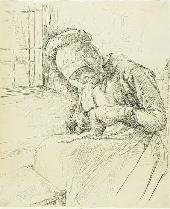 Framed Print : Old Woman Mending at the Window, 1881. Creator: Max Liebermann Framed Print : Old Woman Mending at the Window, 1881. Creator: Max Liebermann