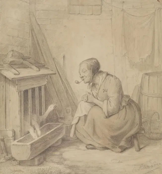 Framed Print : Old Woman with Pipe and Geese, 1802. Creator: Julius Carl Hermann Schroder Framed Print : Old Woman with Pipe and Geese, 1802. Creator: Julius Carl Hermann Schroder
