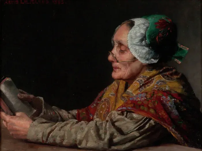 Framed Print : Old Woman Reading, 1883. Creator: Arvid Liljelund Framed Print : Old Woman Reading, 1883. Creator: Arvid Liljelund