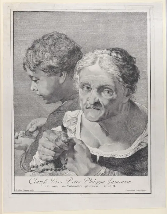 Framed Print : Old woman with a rosary and a boy counting coins, 1743. Creator: Giovanni Cattini Framed Print : Old woman with a rosary and a boy counting coins, 1743. Creator: Giovanni Cattini