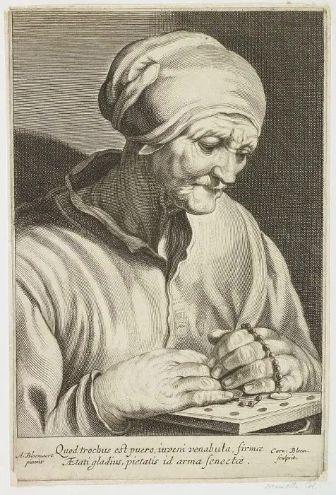 Framed Print : Old woman with a rosary praying. Creator: Cornelis Bloemaert Framed Print : Old woman with a rosary praying. Creator: Cornelis Bloemaert