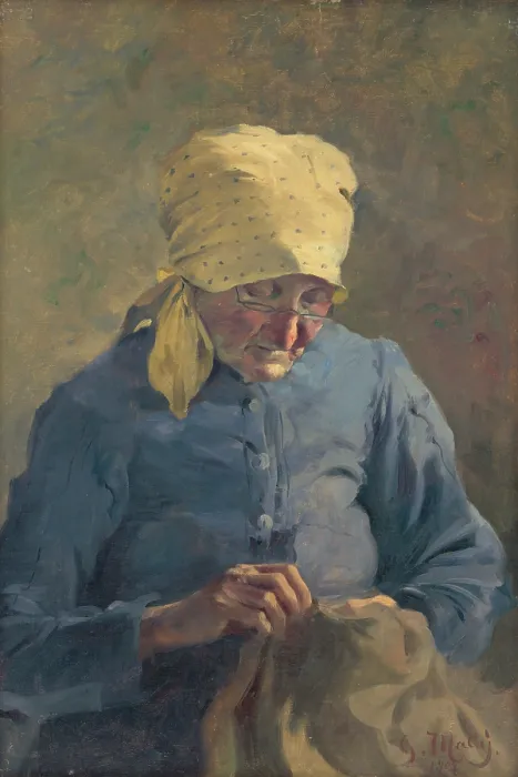 Framed Print : Old Woman Sewing, 1907. Creator: Gustav Mally Framed Print : Old Woman Sewing, 1907. Creator: Gustav Mally
