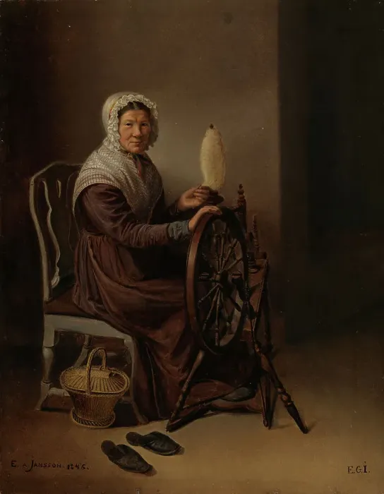 Framed Print : Old Woman at the Spinning Wheel, 1846. Creator: Edla Jansson-Blommer Framed Print : Old Woman at the Spinning Wheel, 1846. Creator: Edla Jansson-Blommer