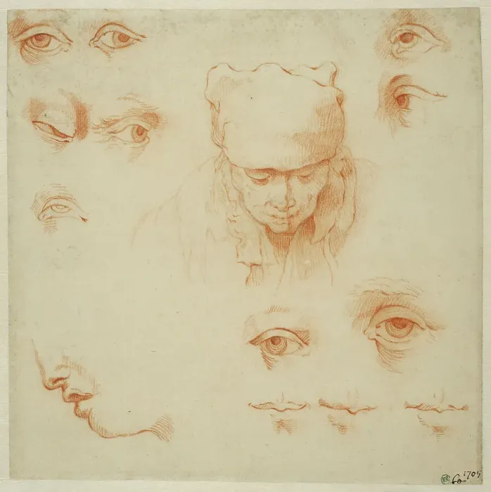 Framed Print : An old woman's head, studies of eyes and mouths. Creator: Abraham Bloemaert Framed Print : An old woman's head, studies of eyes and mouths. Creator: Abraham Bloemaert