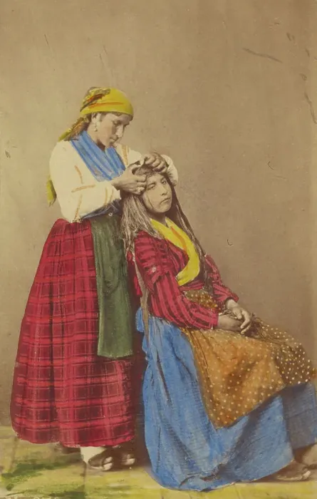Framed Print : Older woman doing the hair of a younger woman. about 1870. Creator: Giorgio Conrad Framed Print : Older woman doing the hair of a younger woman. about 1870. Creator: Giorgio Conrad