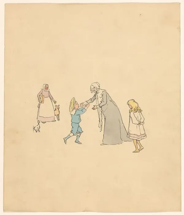 Framed Print : Older woman receives a boy, c.1880-c.1910. Creator: Anon Framed Print : Older woman receives a boy, c.1880-c.1910. Creator: Anon