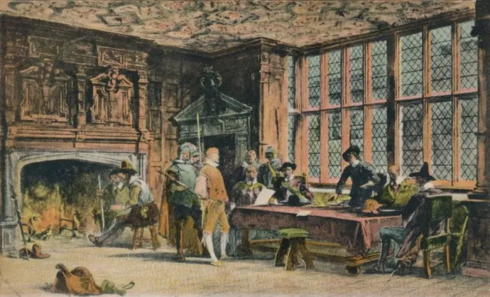 Framed Print : Oliver Cromwell trying a prisoner during the defence of Banbury. The Globe Room of Ye Olde Reine Dee Framed Print : Oliver Cromwell trying a prisoner during the defence of Banbury. The Globe Room of Ye Olde Reine Dee