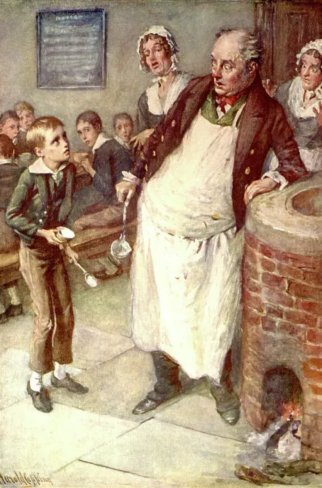 Framed Print : Oliver Twist Asks For More, c1900. Creator: Harold Copping Framed Print : Oliver Twist Asks For More, c1900. Creator: Harold Copping