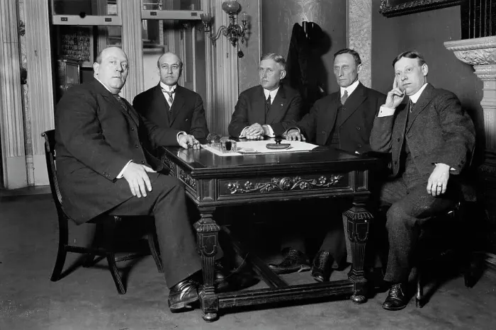 Framed Print : Ollie James, J.M. Waller, John R. Downing, J.C. Utterback, Capt. C.C. Calhoun, between c1910-c1915. Creator: Bain News Service Framed Print : Ollie James, J.M. Waller, John R. Downing, J.C. Utterback, Capt. C.C. Calhoun, between c1910-c1915. Creator: Bain News Service