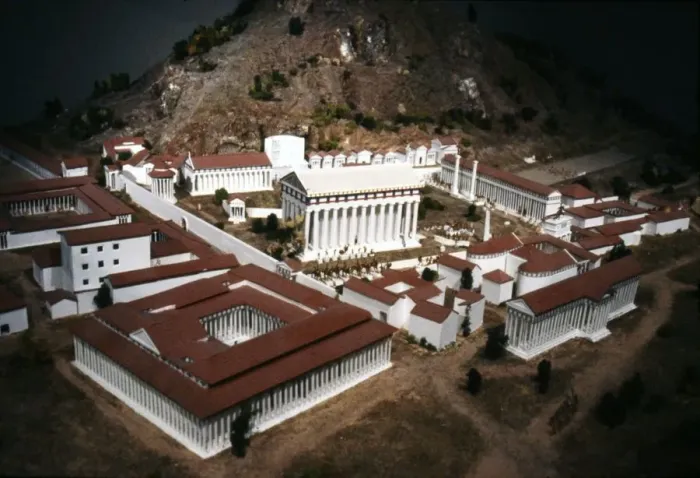 Framed Print : Olympia. Model of the Sacred Site in Greece with Temples and stadium beyond, c20th century Framed Print : Olympia. Model of the Sacred Site in Greece with Temples and stadium beyond, c20th century