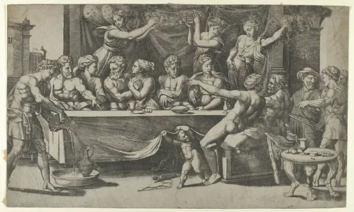 Framed Print : The Olympian gods at the marriage feast of Cupid and Psyche, after Raphael, 1530-35. Creator: Master of the Die Framed Print : The Olympian gods at the marriage feast of Cupid and Psyche, after Raphael, 1530-35. Creator: Master of the Die