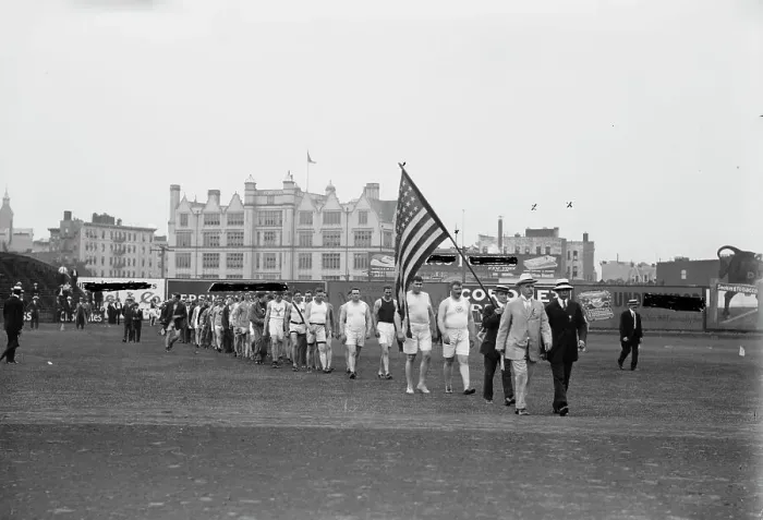 Framed Print : Olympic athletes coming on field, 1912. Creator: Bain News Service Framed Print : Olympic athletes coming on field, 1912. Creator: Bain News Service