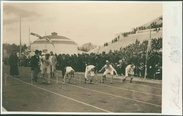 Framed Print : Olympic Games, 1896. Preparation for the 100-meter race, 1896 Framed Print : Olympic Games, 1896. Preparation for the 100-meter race, 1896