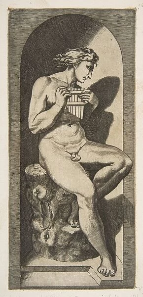 Olympus naked seated on a tree stump holding pipes, set within a niche, ca. 1515-27