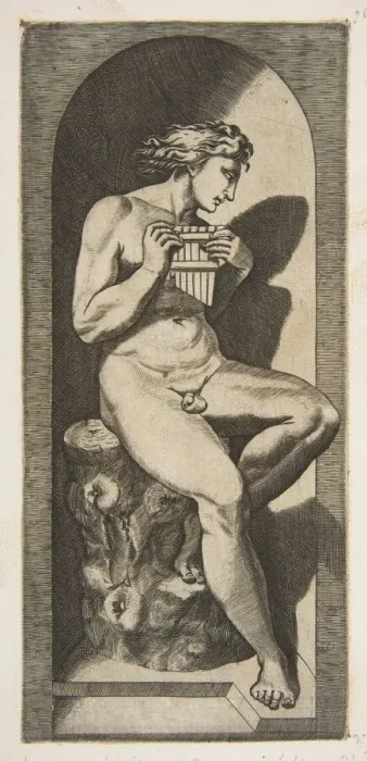 Framed Print : Olympus naked seated on a tree stump holding pipes, set within a niche, ca. 1515-27 Framed Print : Olympus naked seated on a tree stump holding pipes, set within a niche, ca. 1515-27