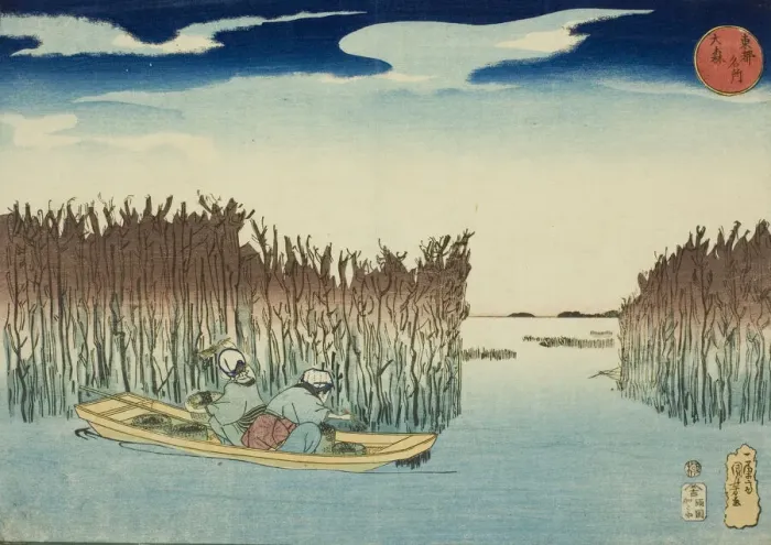 Framed Print : Omori, from the series Famous Places in the Eastern Capital (Toto meisho), c Framed Print : Omori, from the series Famous Places in the Eastern Capital (Toto meisho), c
