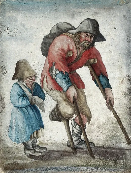 Framed Print : A one-legged man in rags moving with the aid of crutches is accompanied by a child with a band... Creator: Unknown Framed Print : A one-legged man in rags moving with the aid of crutches is accompanied by a child with a band... Creator: Unknown