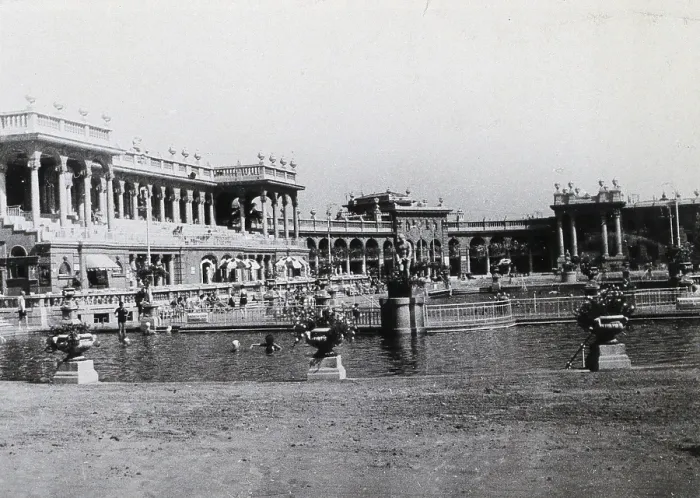 Framed Print : Open air baths in Budapest; two large pools separated by railings, .... c1900s. Creator: Unknown Framed Print : Open air baths in Budapest; two large pools separated by railings, .... c1900s. Creator: Unknown