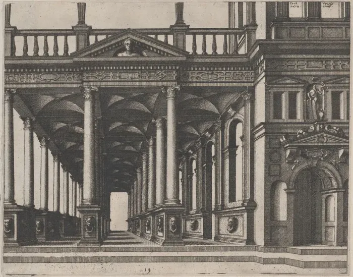 Framed Print : Open Hall Supported by Corinthian Columns, 1560. Creators: Johannes van Doetecum I Framed Print : Open Hall Supported by Corinthian Columns, 1560. Creators: Johannes van Doetecum I