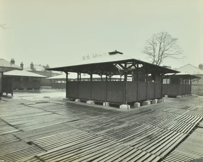Framed Print : Open sided class sheds, Brent Knoll Open Air School, Forest Hill, London, 1928 Framed Print : Open sided class sheds, Brent Knoll Open Air School, Forest Hill, London, 1928