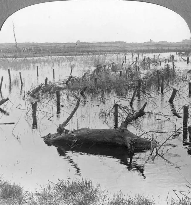 Framed Print : Opened sluices and barbed wire at Nieuwpoort, Belgium, World War I, c1914-c1918. Artist: Realistic Travels Publishers Framed Print : Opened sluices and barbed wire at Nieuwpoort, Belgium, World War I, c1914-c1918. Artist: Realistic Travels Publishers