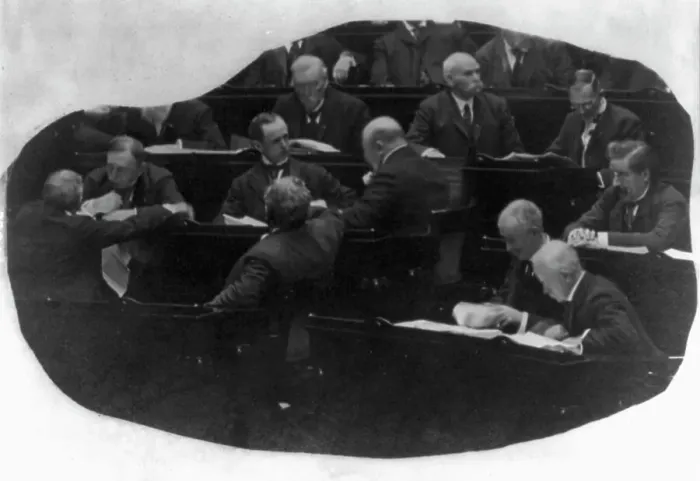 Framed Print : Opening of the 60th Congress - view of group of Congressmen at their desks, reading... c1907 - 1909 Creator: Unknown Framed Print : Opening of the 60th Congress - view of group of Congressmen at their desks, reading... c1907 - 1909 Creator: Unknown