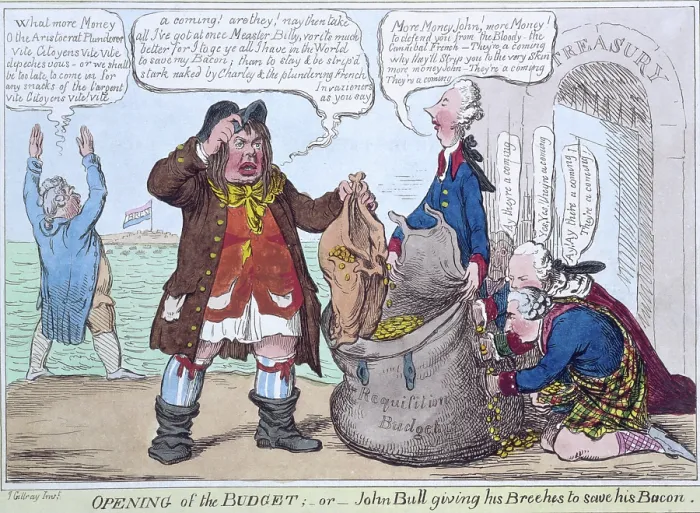 Framed Print : Opening of the Budget; or John Bull giving his breeches to save his bacon, 1818. Creator: James Gillray Framed Print : Opening of the Budget; or John Bull giving his breeches to save his bacon, 1818. Creator: James Gillray