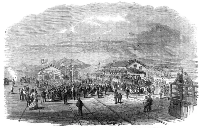 Framed Print : Opening of the Cape Town and Wellington Railway: arrival of the first train... 1864. Creator: Unknown Framed Print : Opening of the Cape Town and Wellington Railway: arrival of the first train... 1864. Creator: Unknown