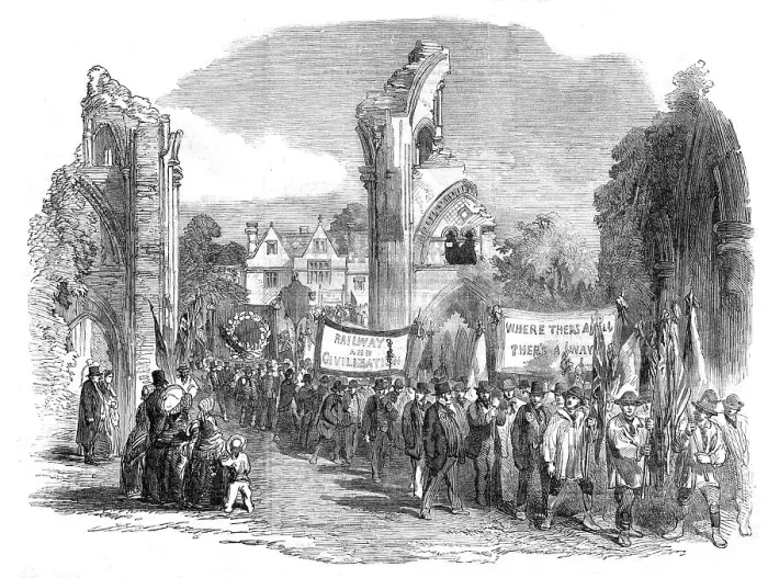 Framed Print : Opening of the Central Somerset Railway - Procession in the Abbey Grounds, at Glastonbury, 1854. Creator: Unknown Framed Print : Opening of the Central Somerset Railway - Procession in the Abbey Grounds, at Glastonbury, 1854. Creator: Unknown