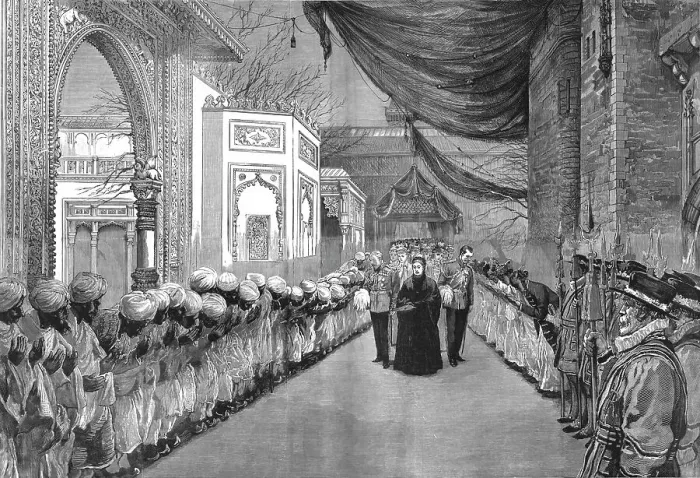 Framed Print : The opening of the Colonial and Indian Exhibition by the Queen - Twixt East and West, 1886. Creator: Unknown Framed Print : The opening of the Colonial and Indian Exhibition by the Queen - Twixt East and West, 1886. Creator: Unknown
