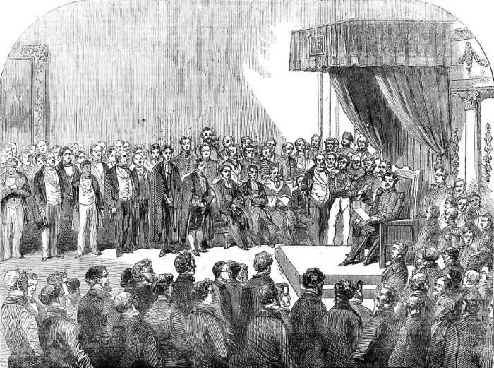Framed Print : Opening of the First Cape Parliament, in the State-Room, Cape Town, 1854. Creator: Unknown Framed Print : Opening of the First Cape Parliament, in the State-Room, Cape Town, 1854. Creator: Unknown