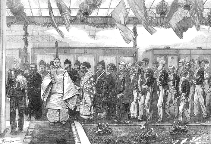 Framed Print : Opening of the first railway in Japan: arrival of the Mikado, 1872. Creator: Wentworth Framed Print : Opening of the first railway in Japan: arrival of the Mikado, 1872. Creator: Wentworth