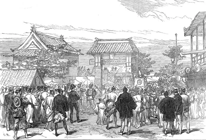 Framed Print : Opening of the first railway in Japan: procession at the Saiwai Bashi Gate, Jeddo, 1872. Creator: C. R Framed Print : Opening of the first railway in Japan: procession at the Saiwai Bashi Gate, Jeddo, 1872. Creator: C. R