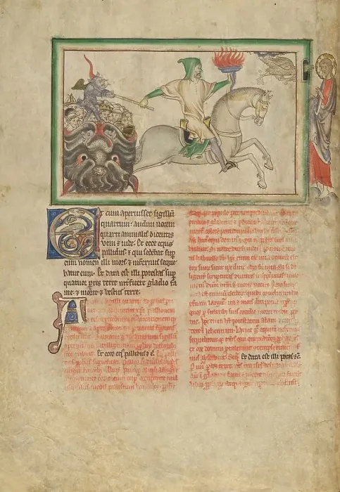 Framed Print : The Opening of the Fourth Seal: The Fourth Horseman; Dyson Perrins Apocalypse, about 1255-1260. Creator: Unknown Framed Print : The Opening of the Fourth Seal: The Fourth Horseman; Dyson Perrins Apocalypse, about 1255-1260. Creator: Unknown