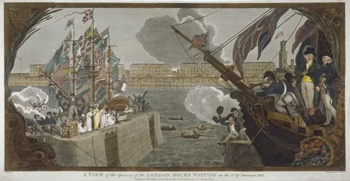 Framed Print : The opening of London Docks, Wapping, 1805. Artist: V Woodthorpe Framed Print : The opening of London Docks, Wapping, 1805. Artist: V Woodthorpe