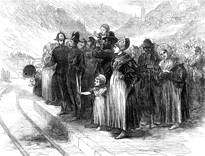 Framed Print : Opening of the Mont Cenis Tunnel: country people waiting to see the train pass, 1871. Creator: Unknown Framed Print : Opening of the Mont Cenis Tunnel: country people waiting to see the train pass, 1871. Creator: Unknown