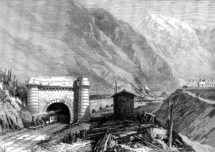 Framed Print : Opening of the Mont Cenis Tunnel: mouth of the tunnel at Bardonnèche, Piedmont, 1871. Creator: Unknown Framed Print : Opening of the Mont Cenis Tunnel: mouth of the tunnel at Bardonnèche, Piedmont, 1871. Creator: Unknown