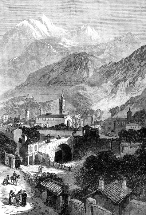 Framed Print : Opening of the Mont Cenis Tunnel: the town of Susa, 1871. Creator: Unknown Framed Print : Opening of the Mont Cenis Tunnel: the town of Susa, 1871. Creator: Unknown