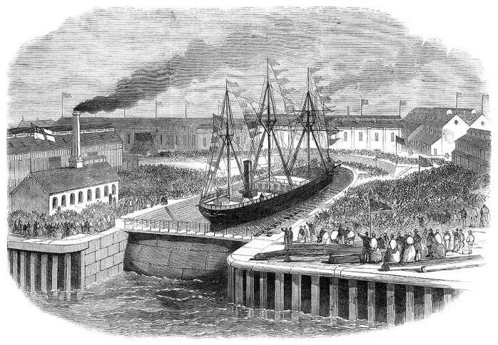 Framed Print : Opening of a new graving-dock at Jarrow, on the Tyne, 1865. Creator: Unknown Framed Print : Opening of a new graving-dock at Jarrow, on the Tyne, 1865. Creator: Unknown