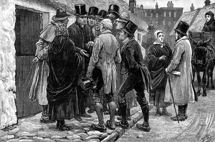 Framed Print : Opening of the new Irish Land Court in Connaught: consulting the priest...at Claremorris, 1881. Creator: Unknown Framed Print : Opening of the new Irish Land Court in Connaught: consulting the priest...at Claremorris, 1881. Creator: Unknown