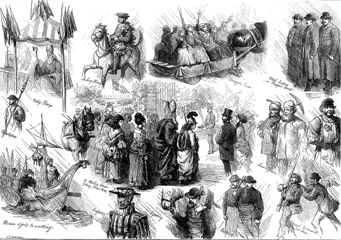 Framed Print : Opening of the new townhall at Bradford: sketches in the streets, 1873. Creator: Charles Joseph Staniland Framed Print : Opening of the new townhall at Bradford: sketches in the streets, 1873. Creator: Charles Joseph Staniland