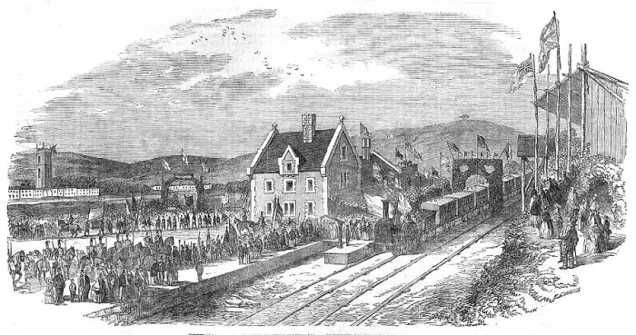 Framed Print : Opening of the North Devon Railway - Arrival of the Train at Barnstaple, 1854. Creator: Unknown Framed Print : Opening of the North Devon Railway - Arrival of the Train at Barnstaple, 1854. Creator: Unknown