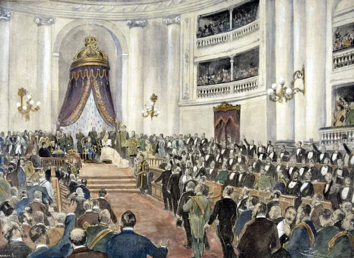Framed Print : Opening of Parliament by Queen Maria Christina Habsburgo with her son Alphonse in 1898 Framed Print : Opening of Parliament by Queen Maria Christina Habsburgo with her son Alphonse in 1898