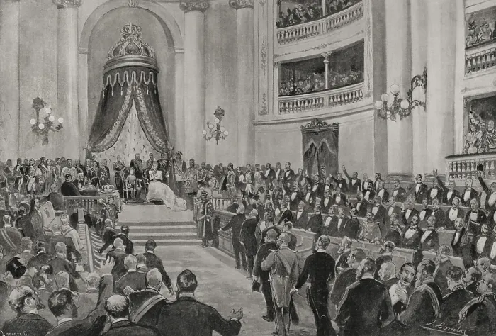 Framed Print : The Opening of the Parliament in the Senate, Madrid, Spain, 20 April 1898. Creator: Enrique Laporta Valor Framed Print : The Opening of the Parliament in the Senate, Madrid, Spain, 20 April 1898. Creator: Enrique Laporta Valor